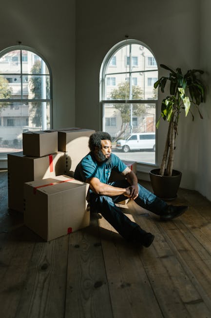 A man with curly hair, wearing a blue t-shirt and dark trousers, is sitting on a wooden floor inside a room next to a large potted plant. He is surrounded by several cardboard boxes, some sealed with red packing tape, which are stacked and placed near the window. The room has high, arched windows allowing natural light to illuminate the space, with a view of parked cars and part of a building outside. The scene reflects a moving or packing process, typical of home relocation or furniture transport preparations, as facilitated by Harringay Man and Van. The wooden floor and minimal interior detail emphasize the focus on the packing activity and the transition phase in a house removal service.